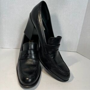 KF Ltd Christina Black Leather Loafer Block Heels Size 10M Classic Career Shoes